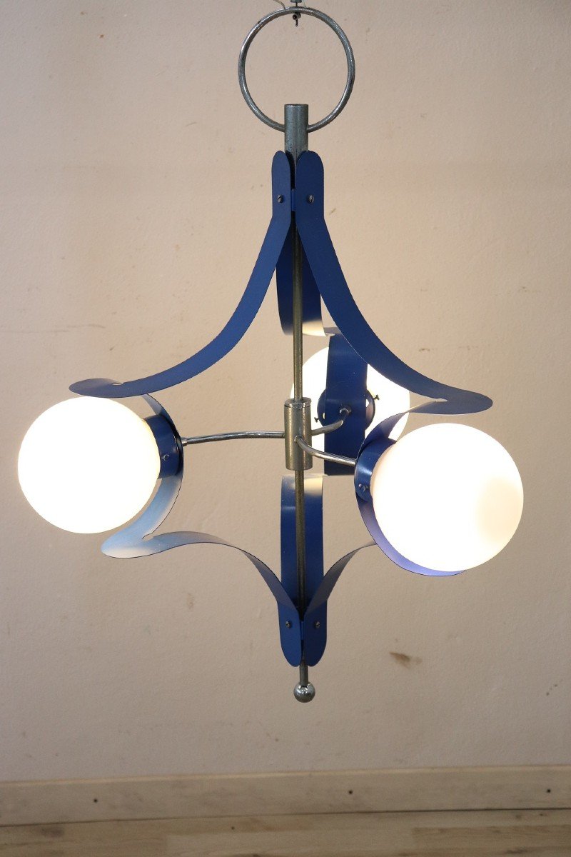 Vintage Glass And Blue Lacquered Metal Chandelier From Stilnovo, 1950-photo-2