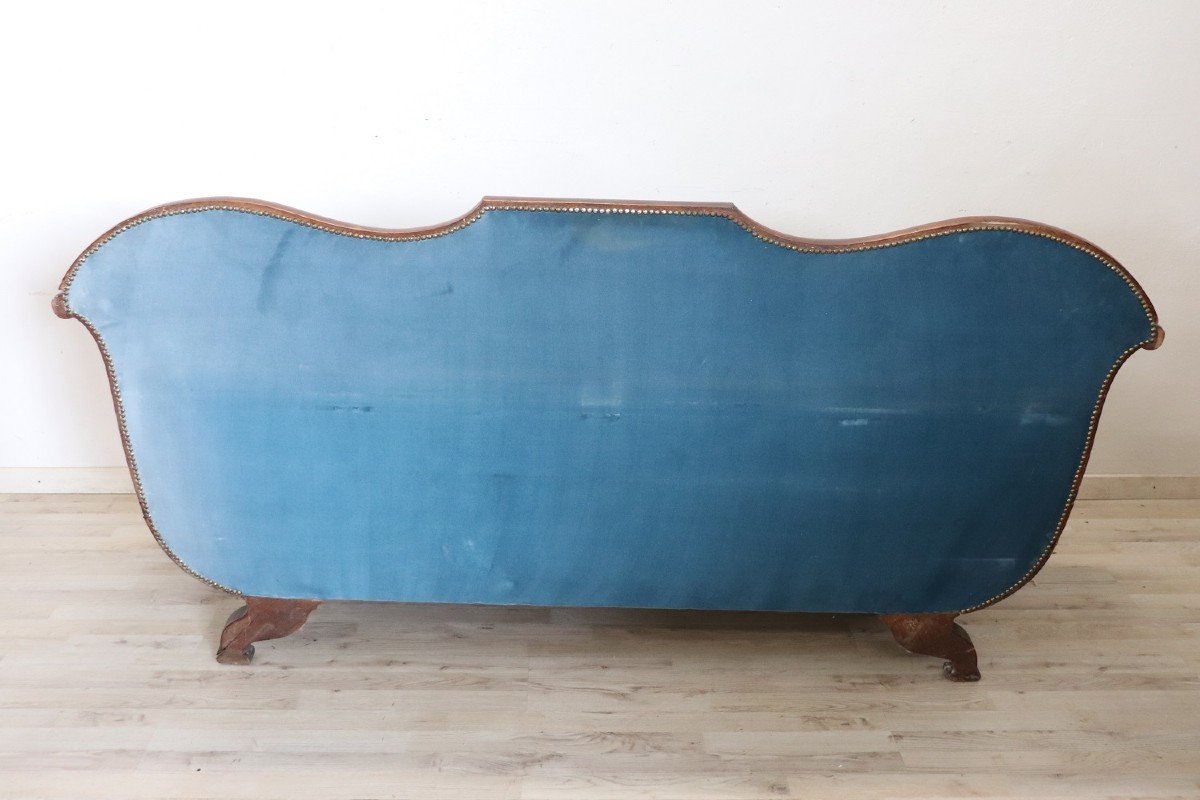 Early 19th Century Inlaid Walnut Sofa With Blue Velvet Upholstery-photo-6