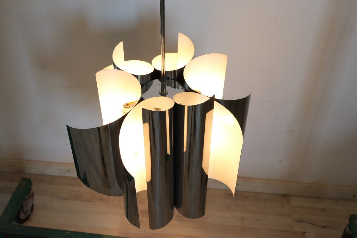 Space Age 6-light Chandelier In Steel, 1970s-photo-3