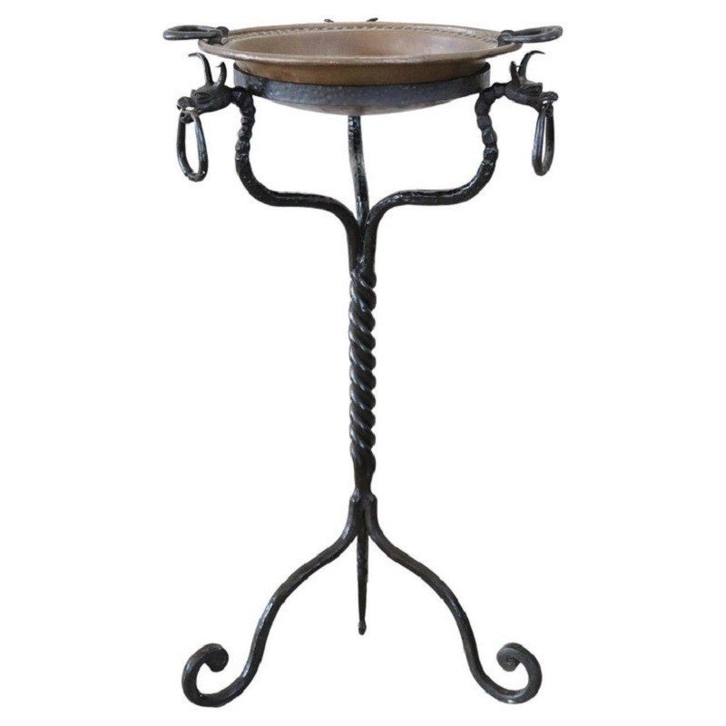 16th Century Brazer In Copper With Wrought Iron Pedestal