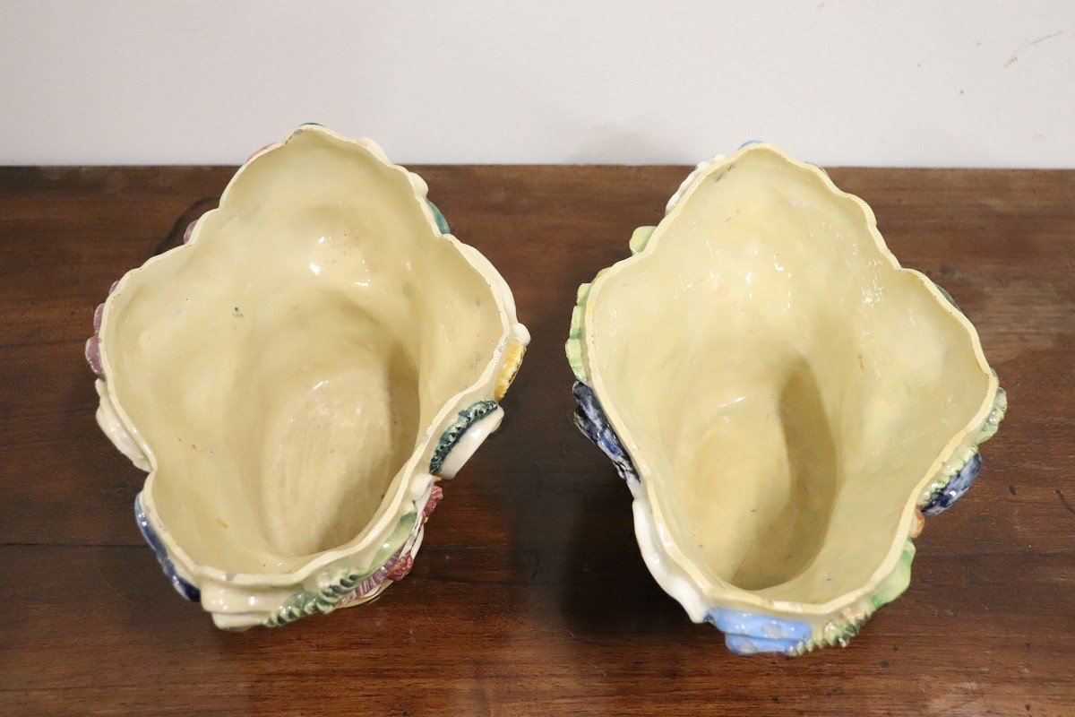 Antique Majolica Wall Vases, Late 19th Century, Set Of 2-photo-8