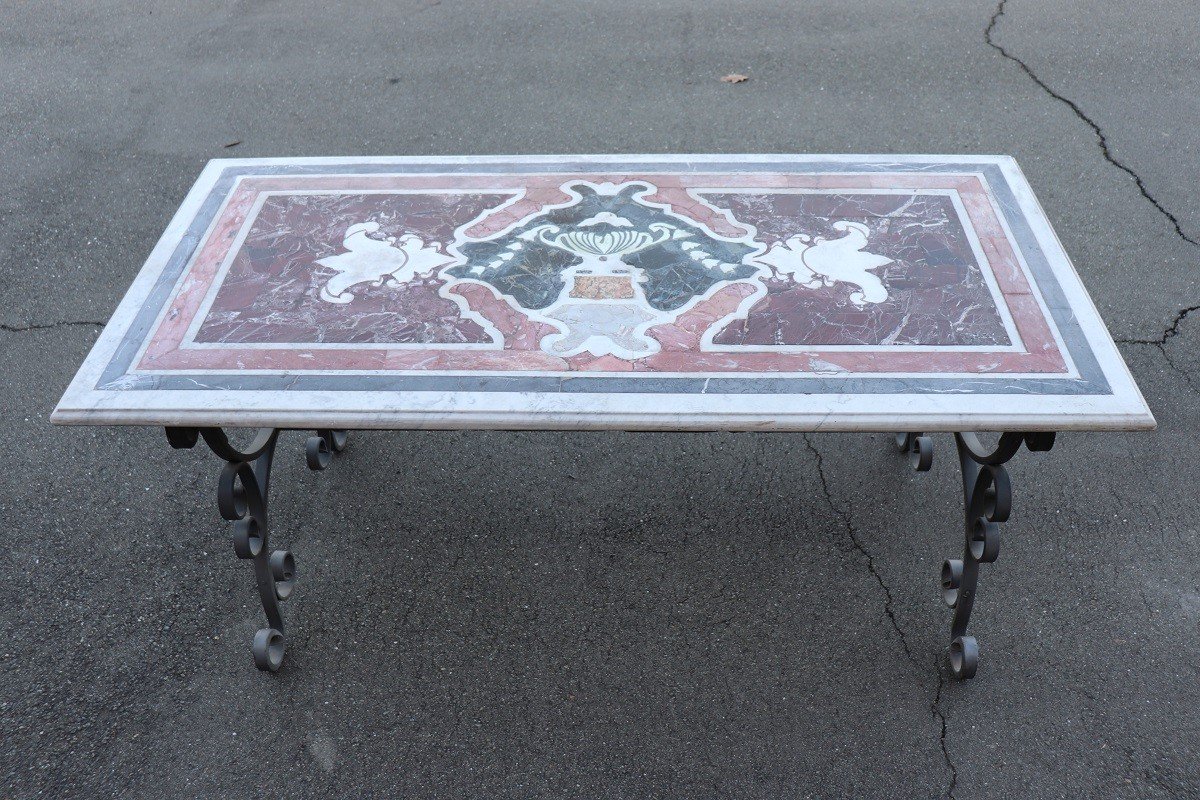 Garden Table In Iron With Marble Top, 1980s-photo-3