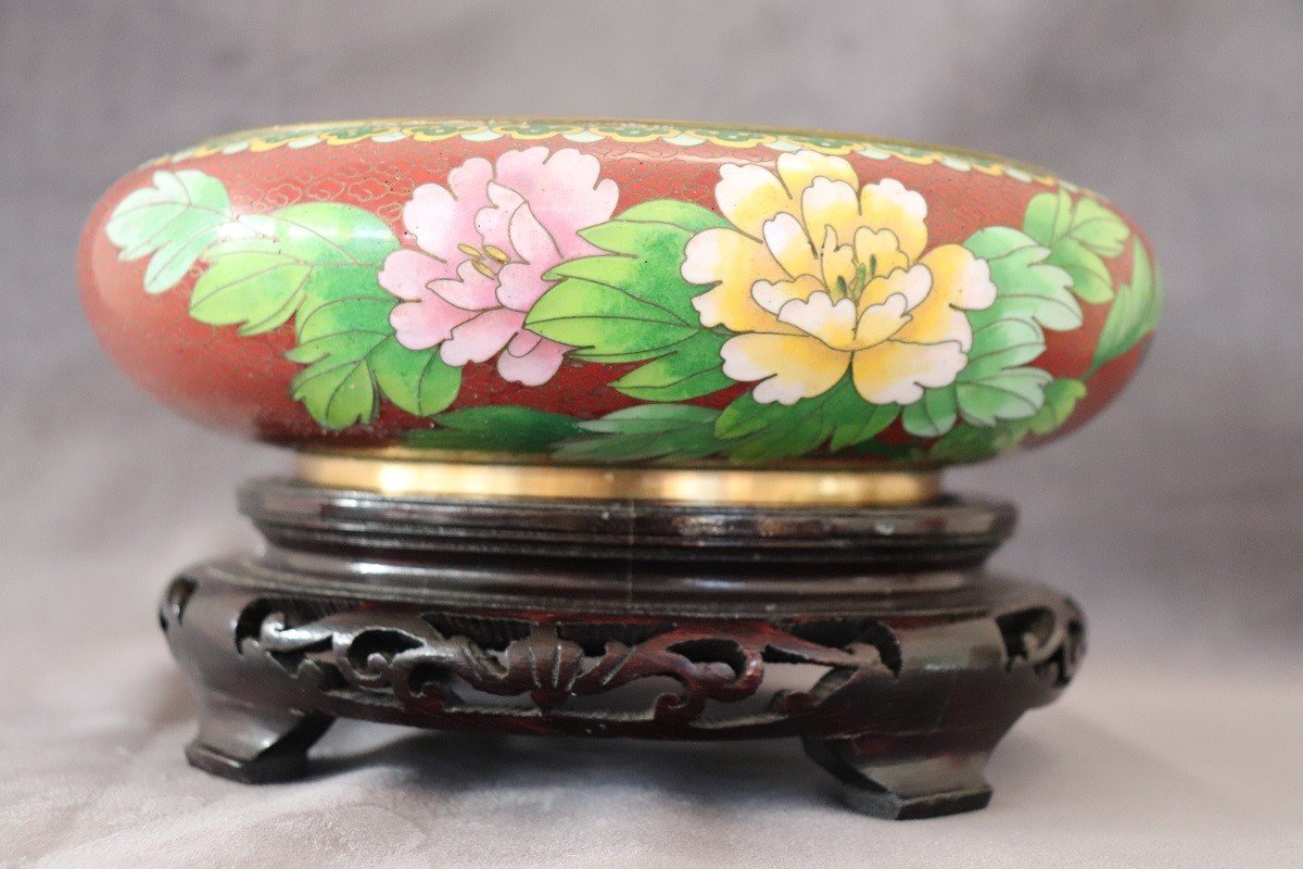 Cloisonne Bowl On Wooden Stand, 1980s-photo-3