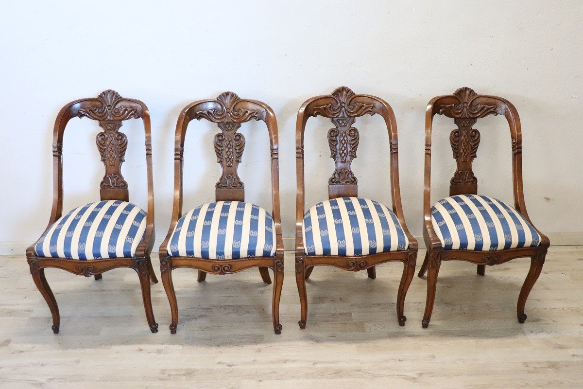 Dining Chairs In Carved Walnut, Early 19th Century, Set Of 4-photo-2