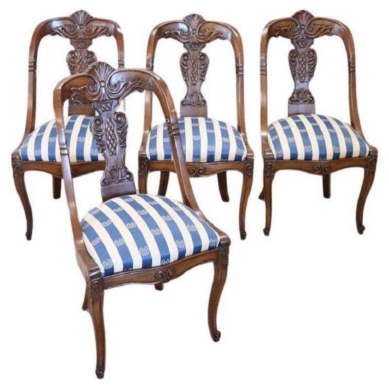 Chaises De Salle à Manger En Noyer Sculpté, Début Du 19ème Siècle, Set De 4