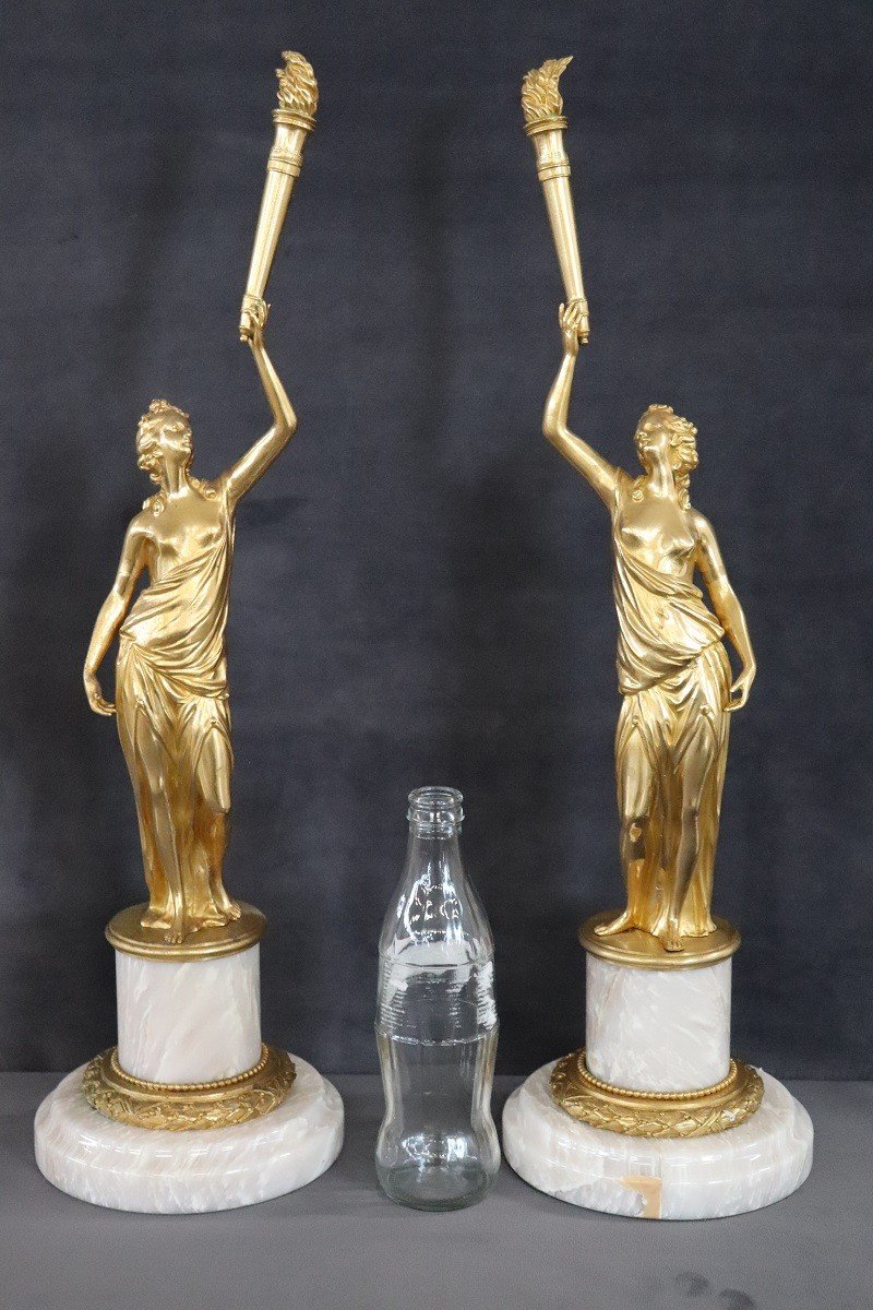 Sculptural Figures, Gilt Bronze On Alabaster Bases, Early 20th Century, Set Of 2-photo-2