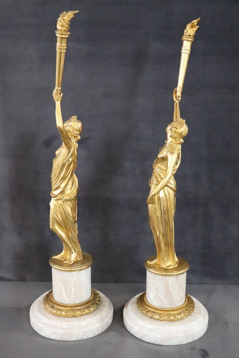 Sculptural Figures, Gilt Bronze On Alabaster Bases, Early 20th Century, Set Of 2-photo-4