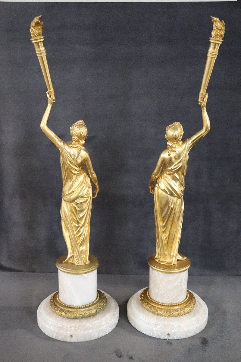 Sculptural Figures, Gilt Bronze On Alabaster Bases, Early 20th Century, Set Of 2-photo-5