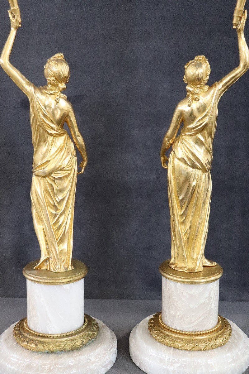 Sculptural Figures, Gilt Bronze On Alabaster Bases, Early 20th Century, Set Of 2-photo-6