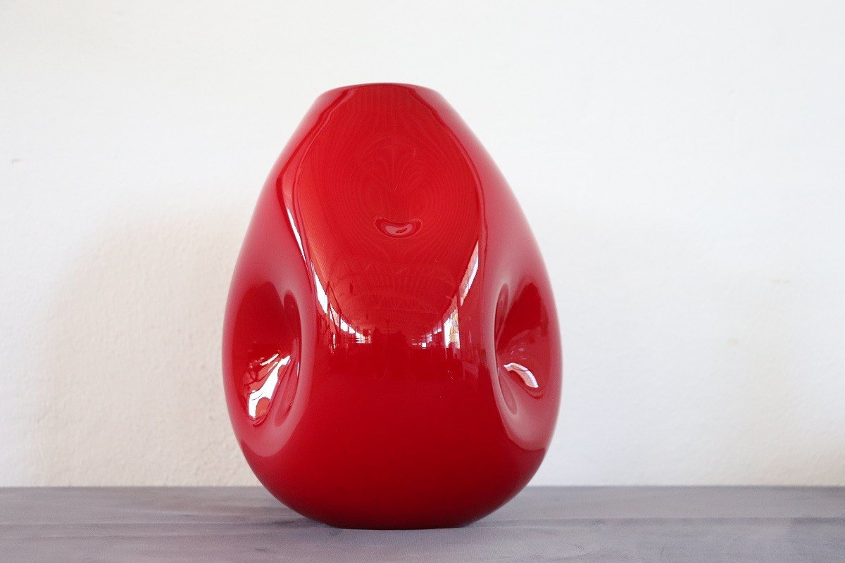 Vintage Italian Red Vase In Murano Art Glass, 1970s-photo-4