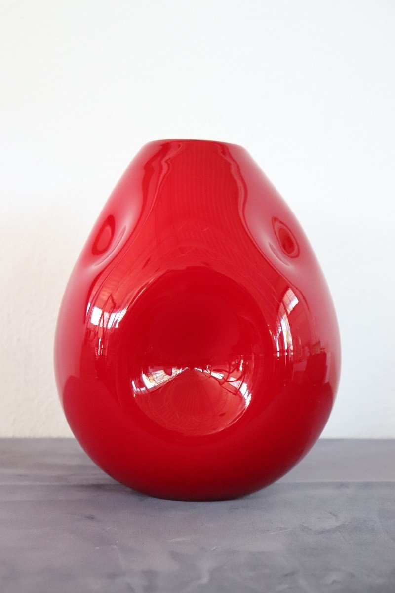 Vintage Italian Red Vase In Murano Art Glass, 1970s-photo-5