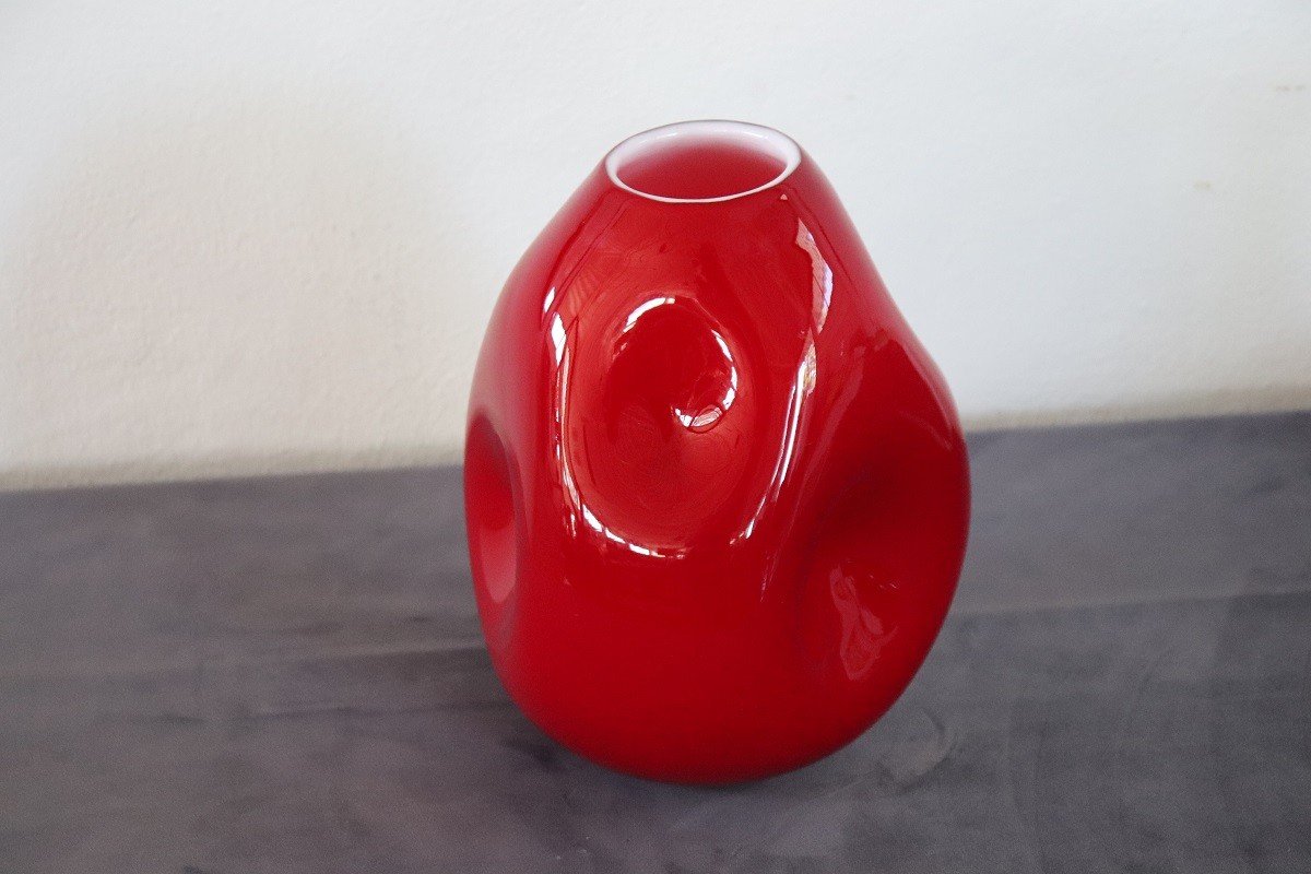 Vintage Italian Red Vase In Murano Art Glass, 1970s-photo-7