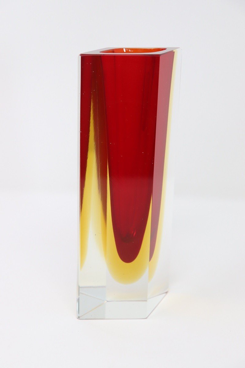 Murano Art Glass Red And Yellow Vase 1970s-photo-3