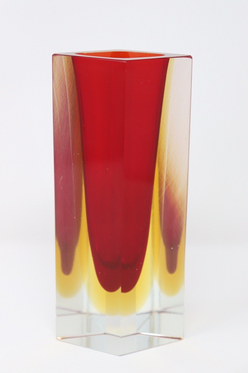 Murano Art Glass Red And Yellow Vase 1970s-photo-3