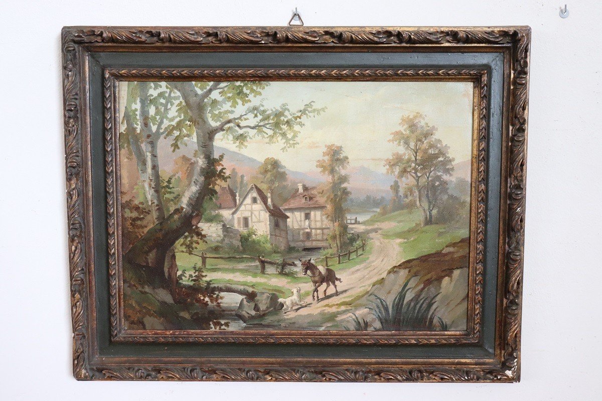 Country Town Landscape, 1890, Oil Painting On Canvas, Framed, Set Of 2-photo-2