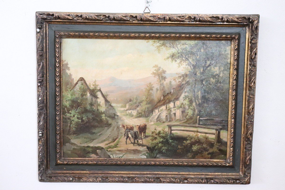 Country Town Landscape, 1890, Oil Painting On Canvas, Framed, Set Of 2-photo-3