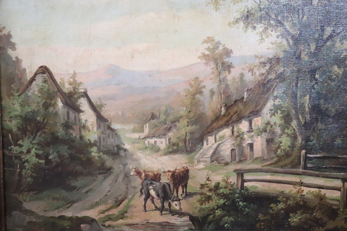 Country Town Landscape, 1890, Oil Painting On Canvas, Framed, Set Of 2-photo-4