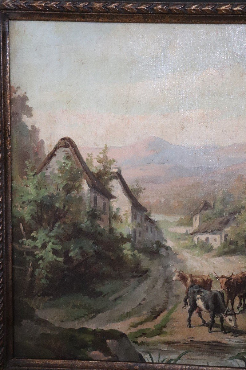 Country Town Landscape, 1890, Oil Painting On Canvas, Framed, Set Of 2-photo-6