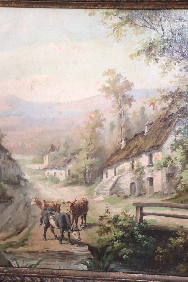 Country Town Landscape, 1890, Oil Painting On Canvas, Framed, Set Of 2-photo-7