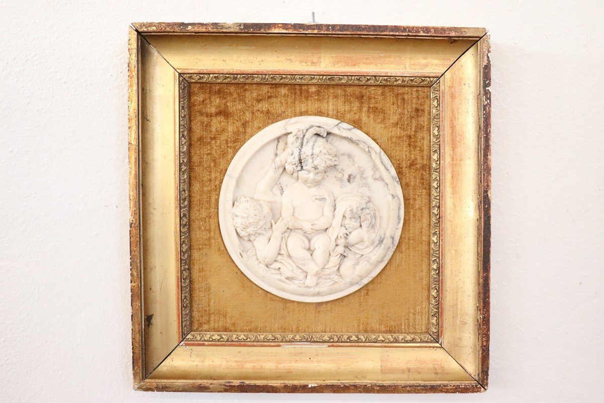 Sculptures Bas-relief En Marbre Blanc Avec Cadres, 19ème Siècle, Set De 2-photo-2