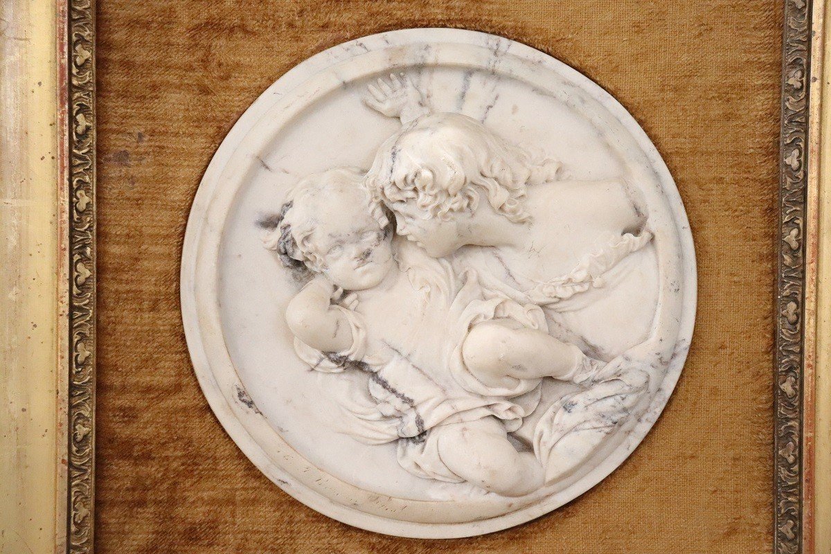 Sculptures Bas-relief En Marbre Blanc Avec Cadres, 19ème Siècle, Set De 2-photo-3