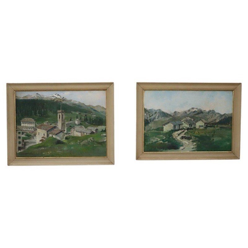 Peinture à l'Huile, Paysages De Montagne, Encadré, Set De 2