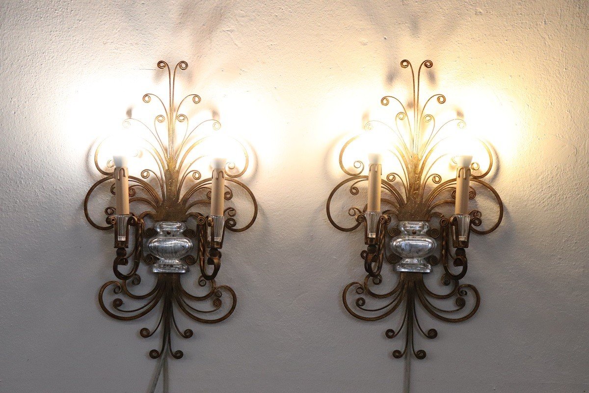 Gilded Iron And Crystal Sconces Attributed To Maison Baguès, 1950s, Set Of 2-photo-2