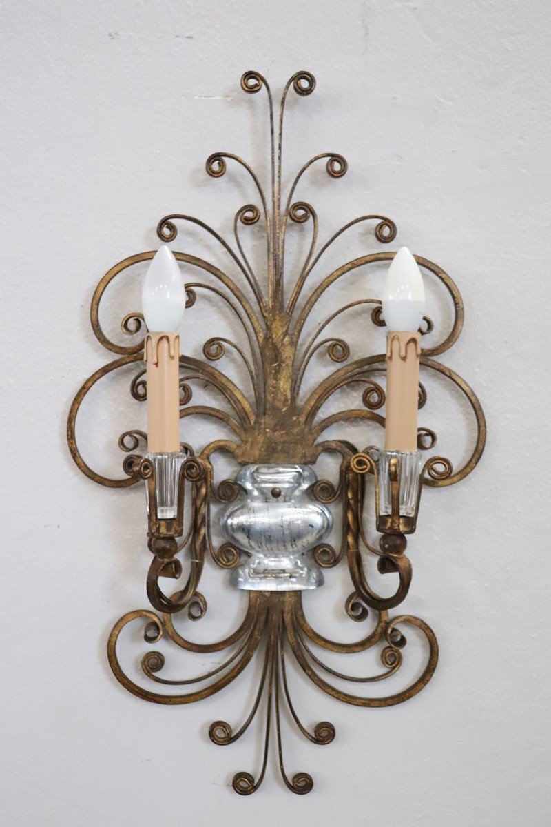 Gilded Iron And Crystal Sconces Attributed To Maison Baguès, 1950s, Set Of 2-photo-3