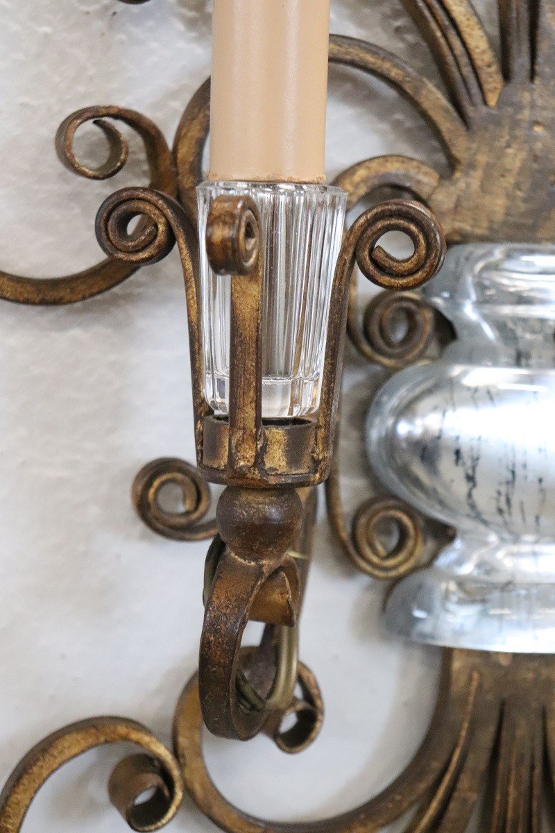 Gilded Iron And Crystal Sconces Attributed To Maison Baguès, 1950s, Set Of 2-photo-4