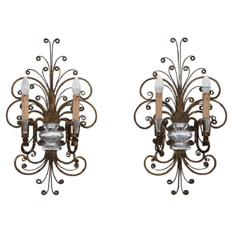 Gilded Iron And Crystal Sconces Attributed To Maison Baguès, 1950s, Set Of 2