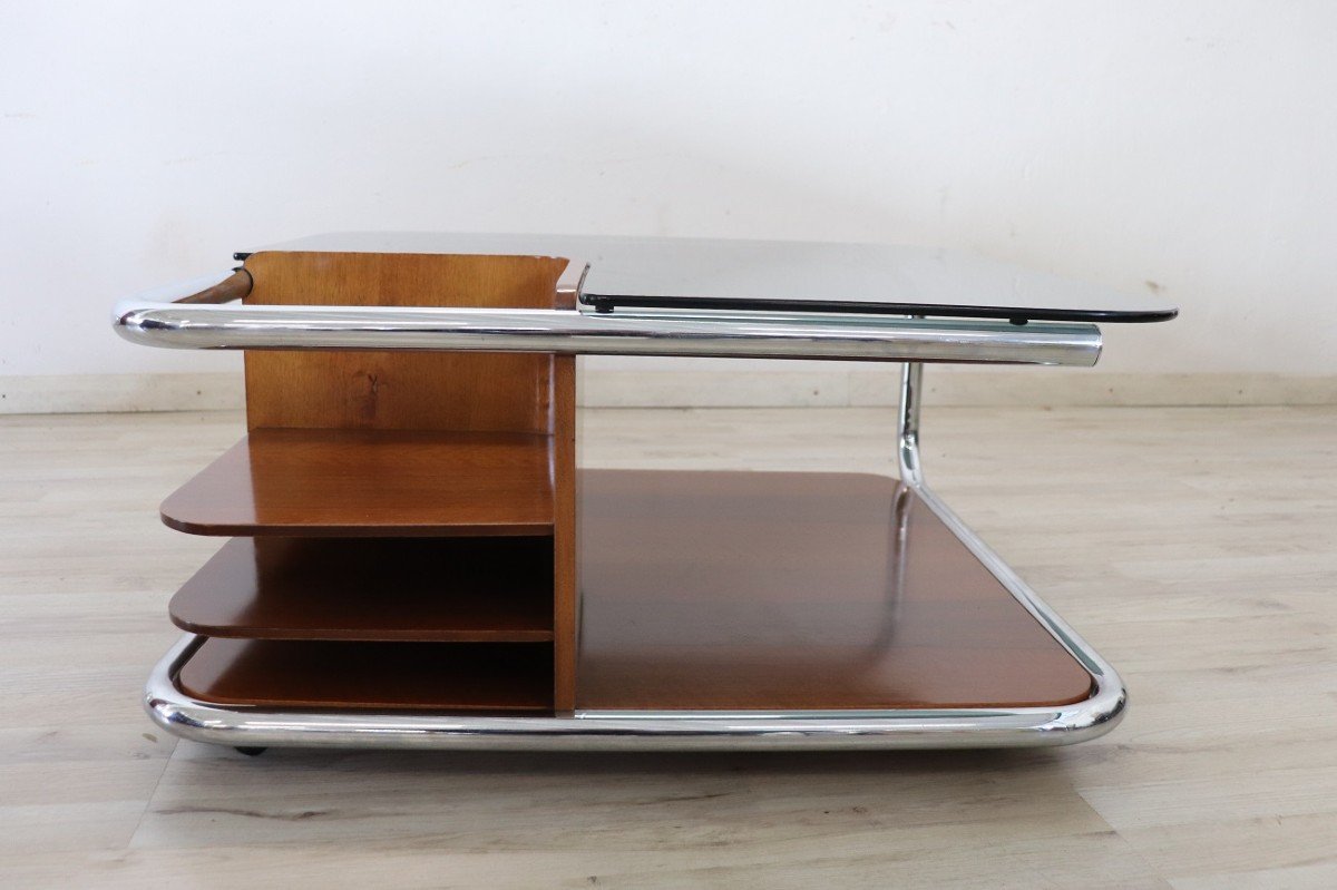 Square Coffee Table In Walnut, Glass And Chrome, 1970s-photo-2