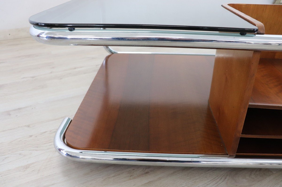 Square Coffee Table In Walnut, Glass And Chrome, 1970s-photo-4