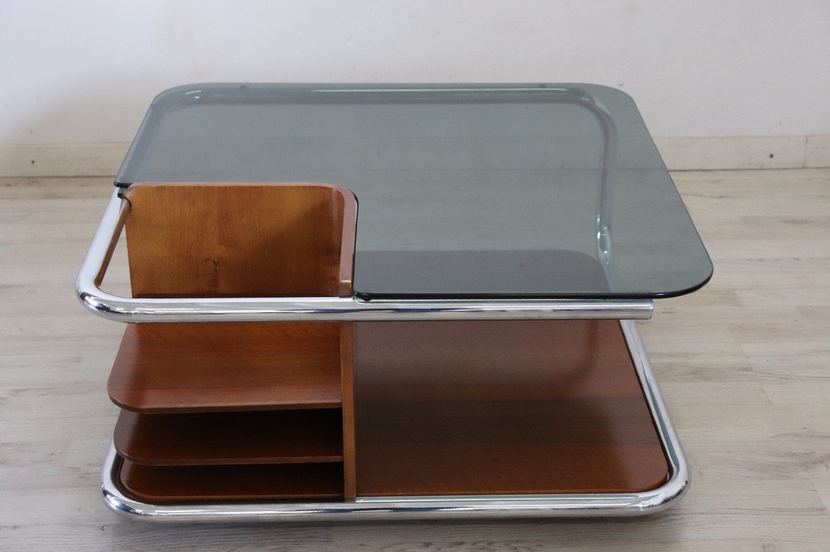 Square Coffee Table In Walnut, Glass And Chrome, 1970s-photo-1