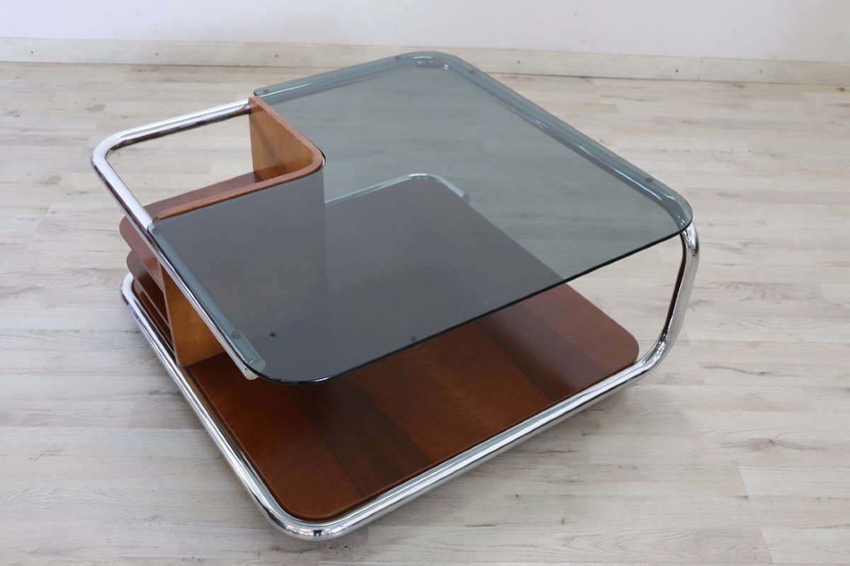 Square Coffee Table In Walnut, Glass And Chrome, 1970s-photo-2