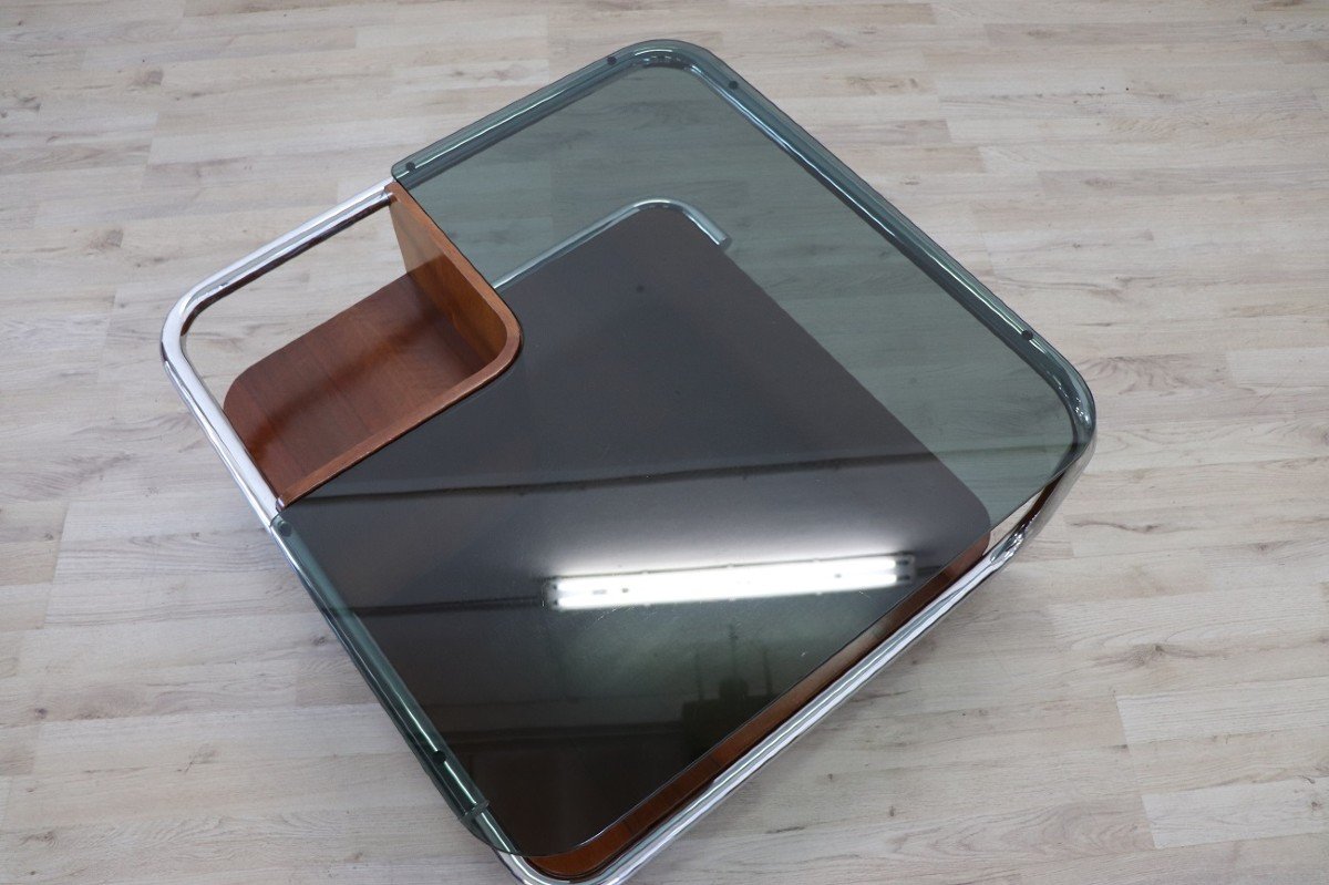 Square Coffee Table In Walnut, Glass And Chrome, 1970s-photo-3