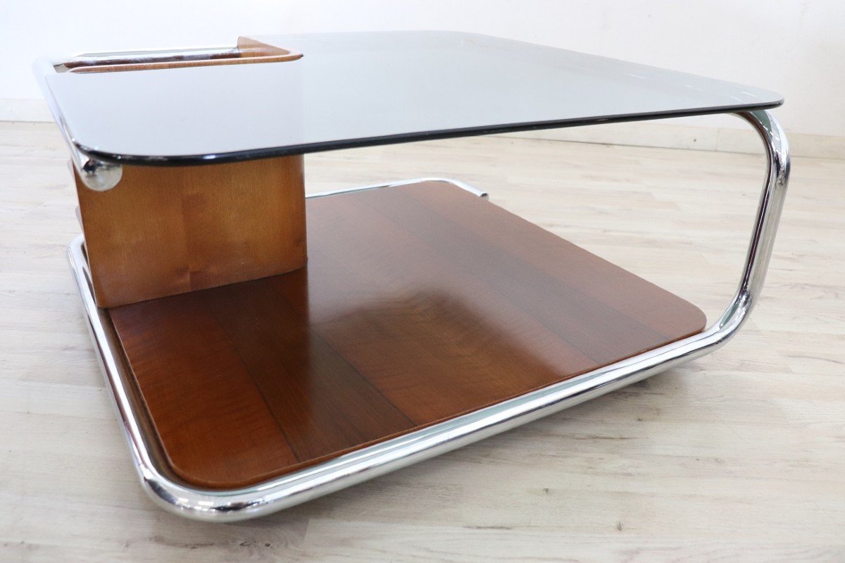 Square Coffee Table In Walnut, Glass And Chrome, 1970s-photo-4