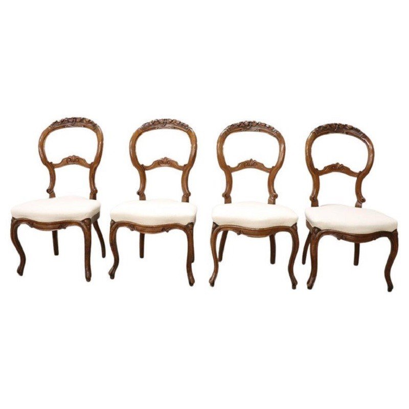 Dining Chairs In Carved Walnut, Mid-19th Century, Set Of 4