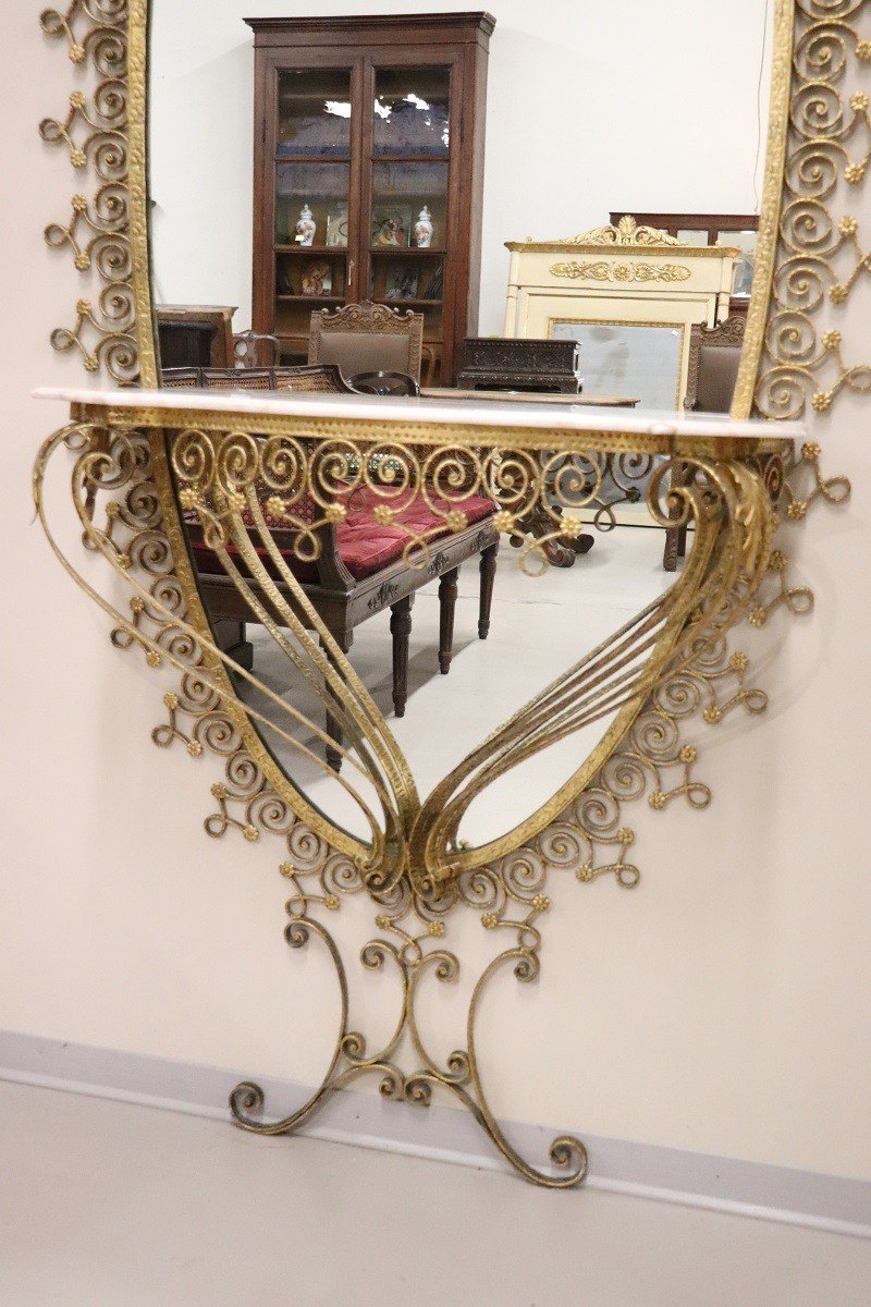 Grand Miroir En Fer Avec Table Consolle En Marbre Attribué à Pier Luigi Colli, 1950s-photo-2