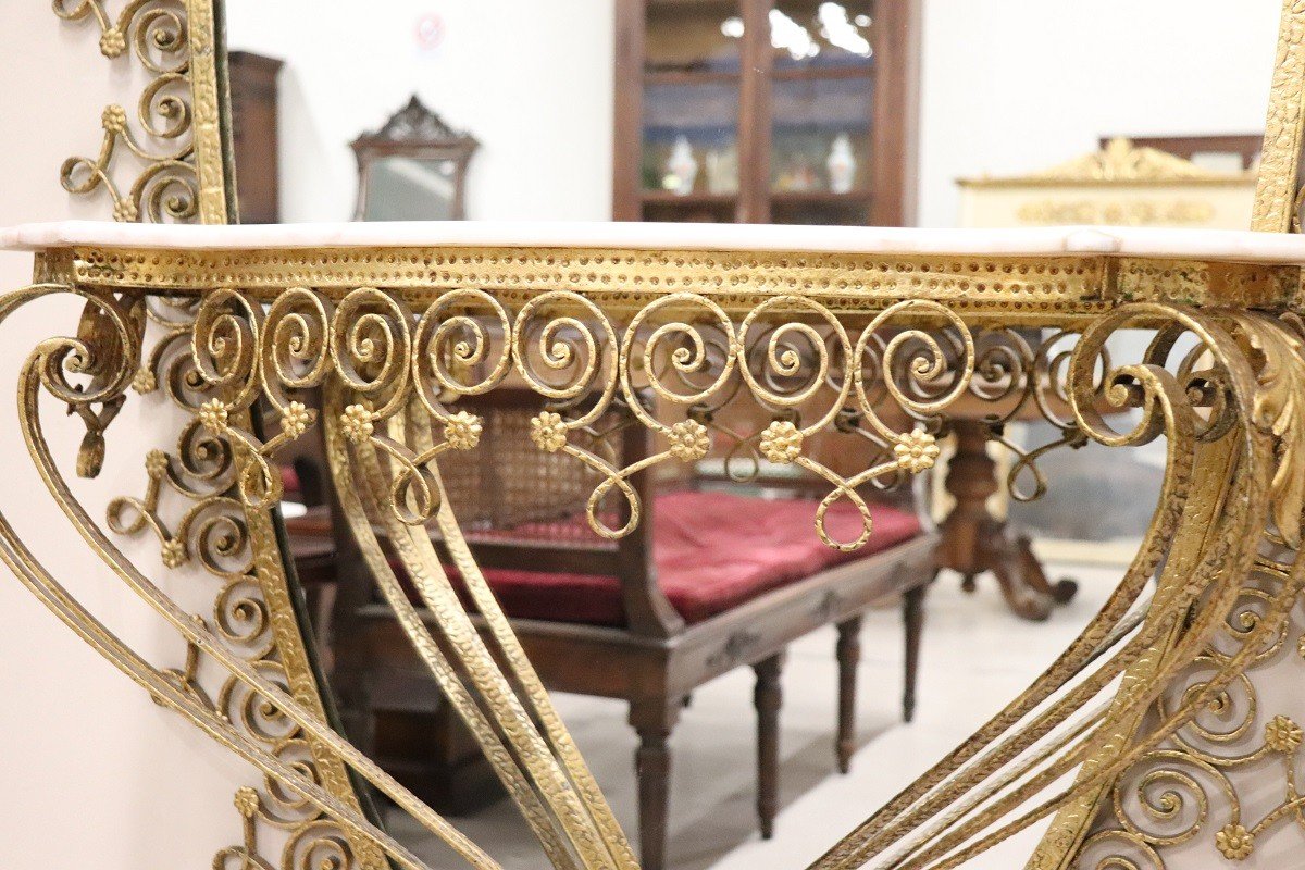 Grand Miroir En Fer Avec Table Consolle En Marbre Attribué à Pier Luigi Colli, 1950s-photo-3