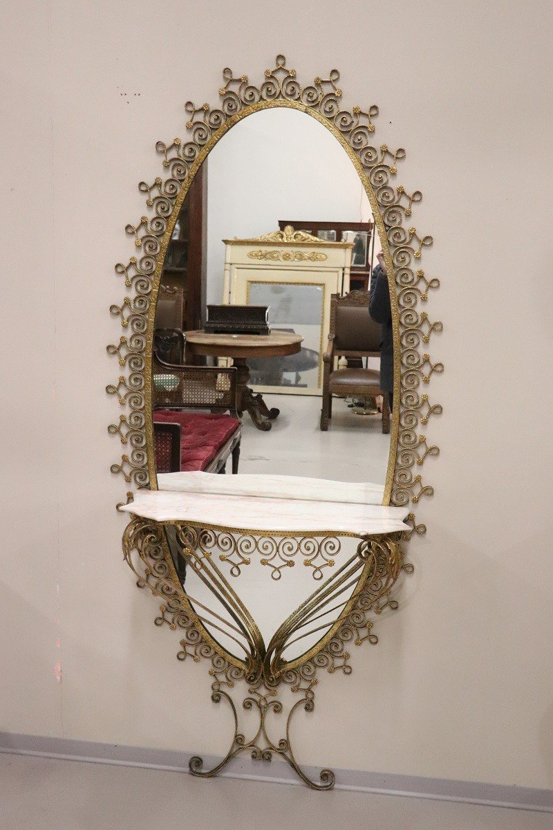 Grand Miroir En Fer Avec Table Consolle En Marbre Attribué à Pier Luigi Colli, 1950s-photo-7