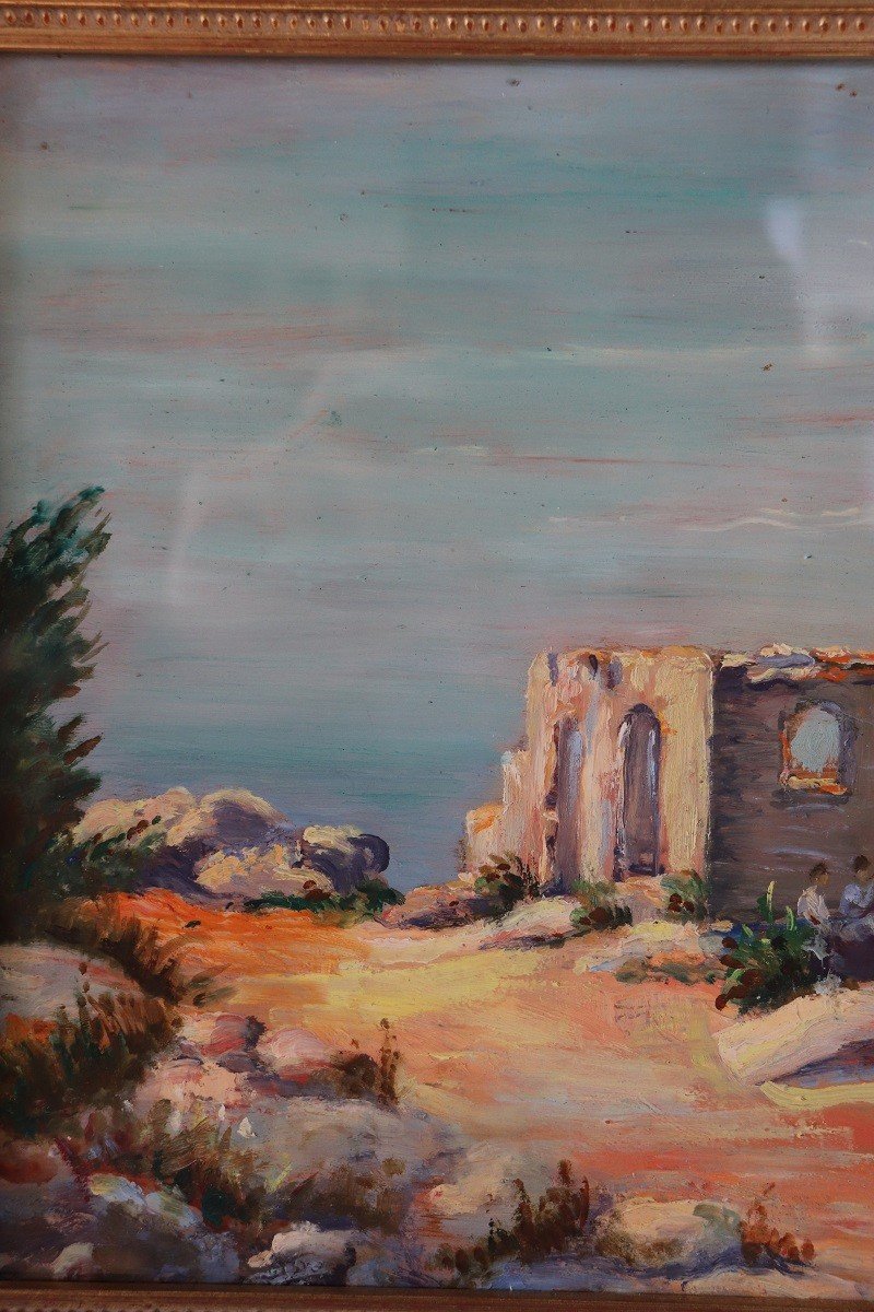 Cliff On The Sea Landscape, Oil Painting On Board-photo-2