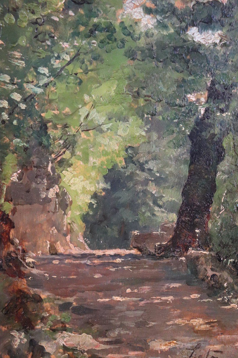 Artiste Italien, Chemin Dans Les Bois, Peinture à l'Huile Sur Bois, Fin Du 19ème Siècle-photo-2