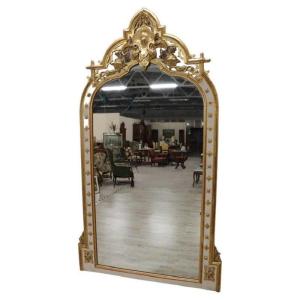 Grand Miroir Mural En Bois Laqué Et Doré, 19ème Siècle