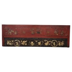 Antique China Dynasty Lacquered And Carved Wood Wall Panel, Mid 19th Century