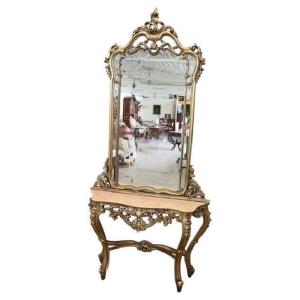 Carved And Gilded Wood Console Table With Mirror, 1930s