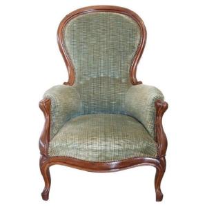 Antique Sold Walnut Armchair With Velvet Seat 19th Century