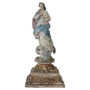 Sculpture Vierge Marie Antique En Bois Sculpté, 19ème Siècle