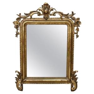 Miroir Mural Antique En Bois Sculpté Et Doré, 19ème Siècle