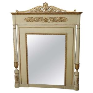 Large Antique Carved Gilded And Lacquered Wood Wall Mirror Early 19th Century