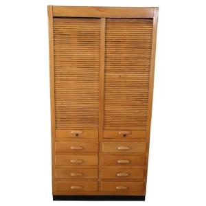 Vintage Large Apothecary Cabinet With Handmade Sliding Shutter Doors, 1940s